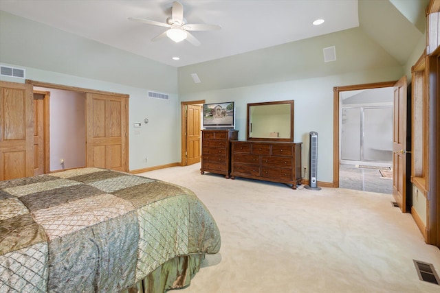 6076 Browns Lake Rd, Jackson, MI 49203 - bedroom with light colored carpet, vaulted ceiling, a ceiling fan, and recessed lighting