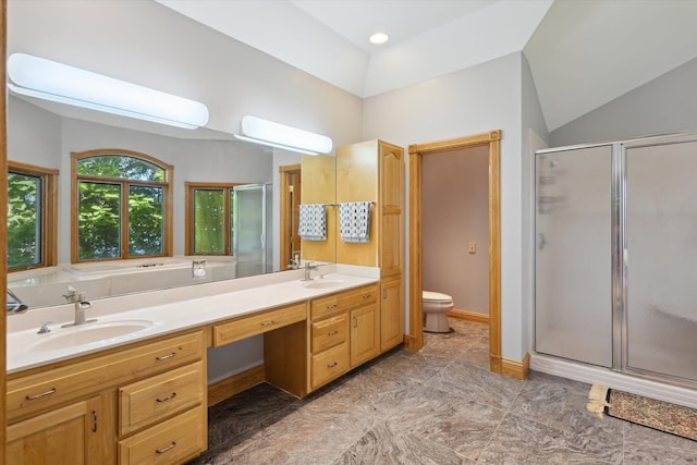 6076 Browns Lake Rd, Jackson, MI 49203 - bathroom featuring a stall shower, double vanity, and lofted ceiling