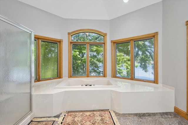 6076 Browns Lake Rd, Jackson, MI 49203 - full bath with a garden tub, a stall shower, and lofted ceiling