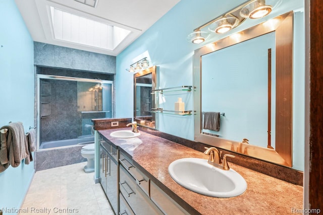 7500 Deerhill Dr, Clarkston, MI 48346 - bathroom with bath / shower combo with glass door, double vanity, tile patterned floors, and a skylight