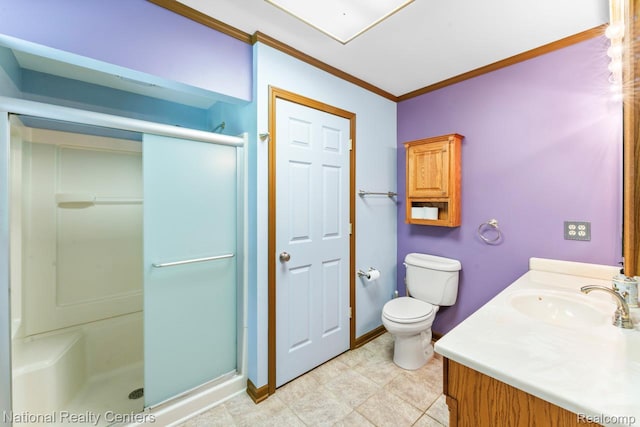 7500 Deerhill Dr, Clarkston, MI 48346 - bathroom featuring a shower stall, crown molding, and vanity