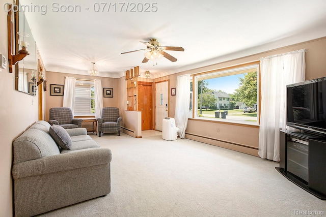 22950 Koths St, Taylor, MI 48180 - living area with light carpet, a ceiling fan, and a baseboard radiator
