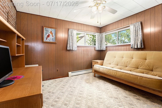 22950 Koths St, Taylor, MI 48180 - living room featuring a baseboard radiator, a ceiling fan, and wood walls