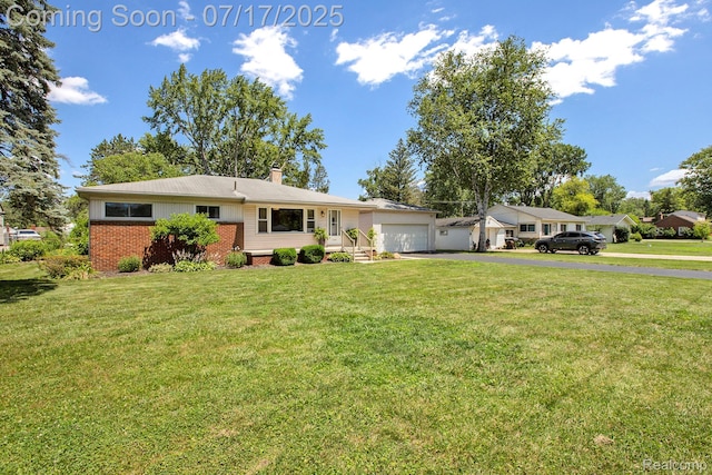 22950 Koths St, Taylor, MI 48180 - ranch-style house featuring driveway, a chimney, a garage, and a front lawn