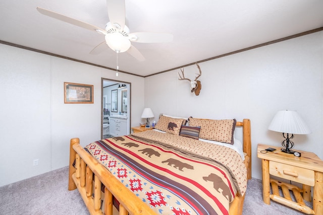 17648 Lost Lake Rd, Barryton, MI 49305 - carpeted bedroom with ornamental molding, a ceiling fan, and ensuite bath