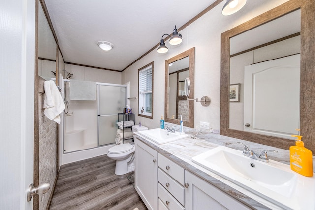 17648 Lost Lake Rd, Barryton, MI 49305 - bathroom featuring a stall shower, double vanity, and wood finished floors