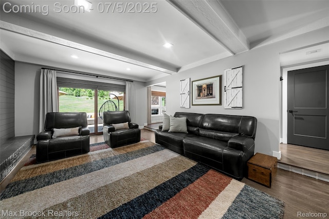 6907 W Knollwood Cir W, Bloomfield, MI 48322 - living room with wood finished floors, beamed ceiling, and recessed lighting