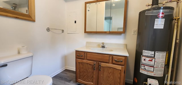 9825 Willow Ct, Clay, MI 48001 - half bath with gas water heater, vanity, electric panel, and wood finished floors
