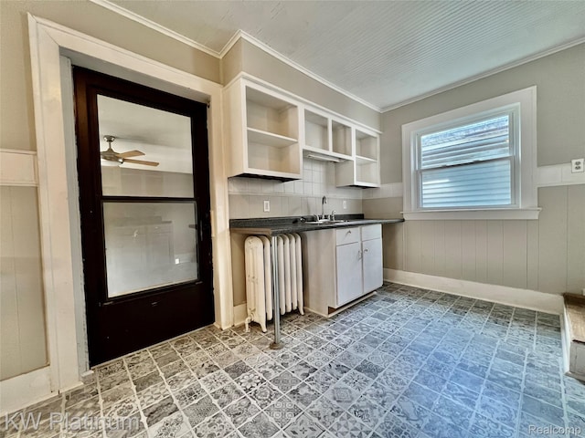 2109 Military St, Port Huron, MI 48060 - kitchen featuring open shelves, dark countertops, ornamental molding, a ceiling fan, and a wainscoted wall