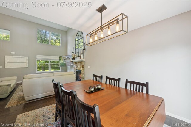 4577 Oaklawn Dr, Pinckney, MI 48169 - dining space featuring a stone fireplace, wood finished floors, and a towering ceiling