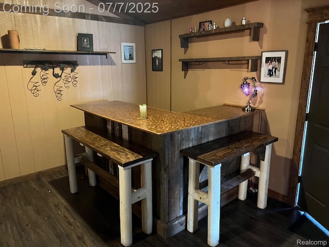 3500 Schlaud Rd, North Branch, MI 48461 - kitchen featuring open shelves, wood finished floors, a peninsula, lofted ceiling, and wood walls