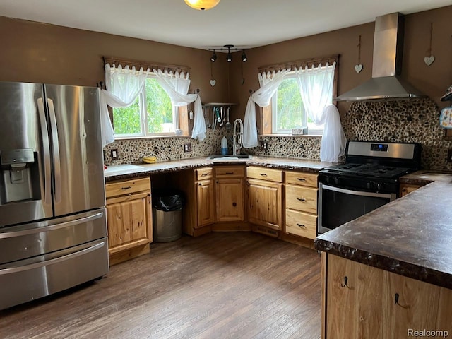 3500 Schlaud Rd, North Branch, MI 48461 - kitchen featuring stainless steel appliances, wall chimney range hood, plenty of natural light, and dark wood finished floors