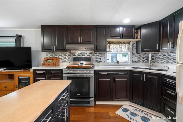 11982 Erica Ln Unit 39, Shelbyville, MI 49344 - kitchen featuring stainless steel range with gas cooktop, under cabinet range hood, light countertops, backsplash, and dark wood-style floors