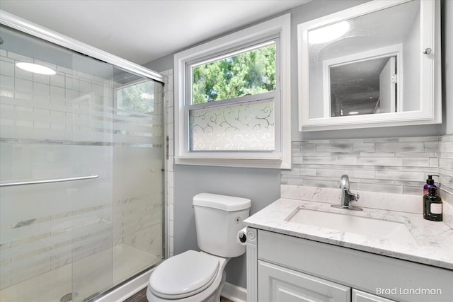 11982 Erica Ln Unit 39, Shelbyville, MI 49344 - bathroom featuring vanity, a stall shower, and backsplash