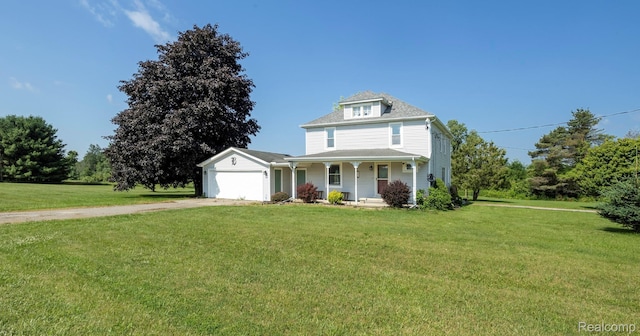 6550 Black River Rd, Croswell, MI 48422 - view of front of property featuring dirt driveway, a porch, a front yard, and a garage