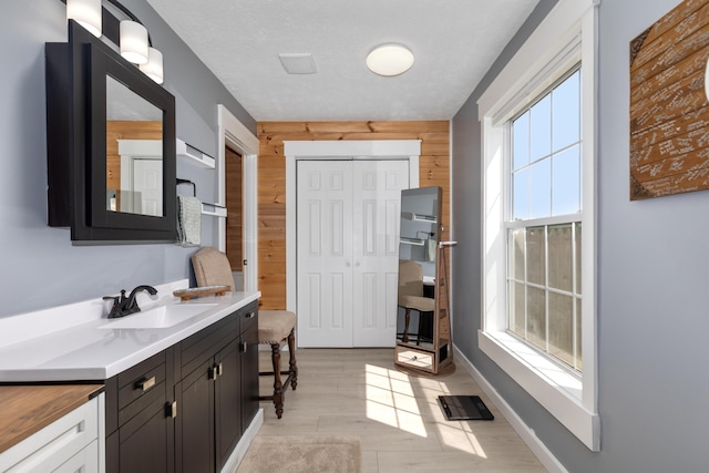 7241 Cherry Ave, Kewadin, MI 49648 - bathroom with wooden walls, vanity, and wood finished floors