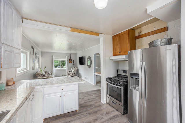 3477 Esson Dr, Grand Blanc, MI 48439 - kitchen with stainless steel appliances, under cabinet range hood, light wood-style floors, tile countertops, and white cabinetry