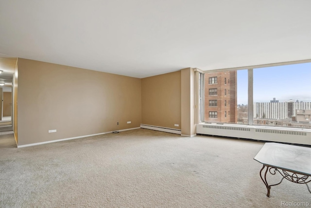 8200 E Jefferson # 1202, Detroit, MI 48214 - unfurnished living room with a baseboard heating unit, radiator, carpet, and a view of city