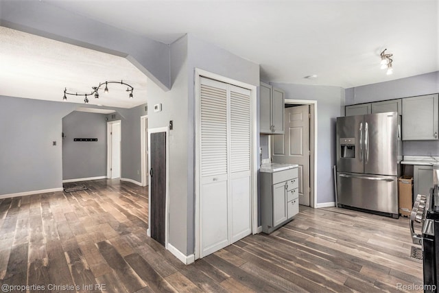 58 Yeamans St, Mount Clemens, MI 48043 - kitchen with stainless steel fridge, gray cabinets, and wood finished floors