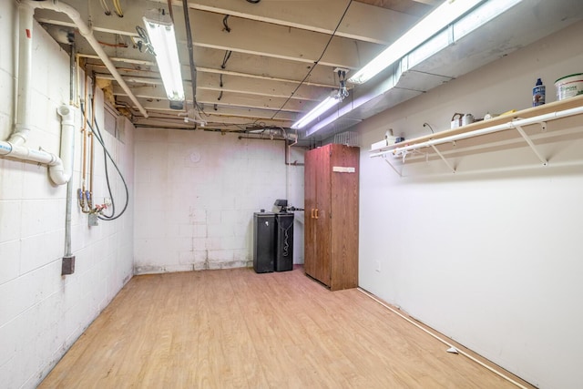 1196 S Dettman Rd, Jackson, MI 49203 - unfinished basement featuring wood finished floors, concrete block wall, and a water softener