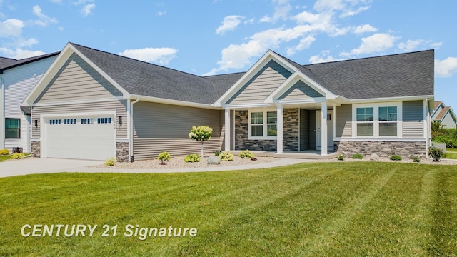 10464 Laurel Woods Pl, Freeland, MI 48623 - craftsman house featuring stone siding, a garage, a front lawn, concrete driveway, and a shingled roof