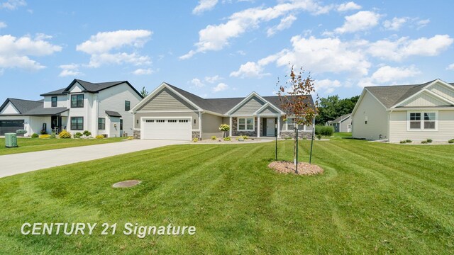 10464 Laurel Woods Pl, Freeland, MI 48623 - view of front of property with stone siding, driveway, an attached garage, and a front lawn