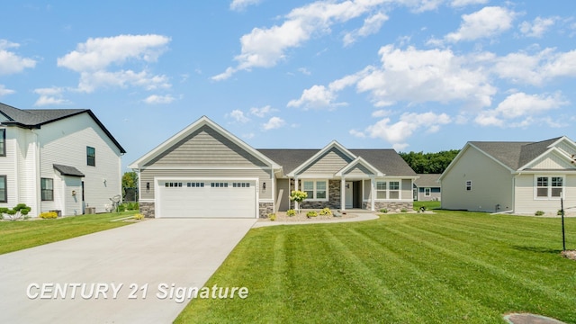 10464 Laurel Woods Pl, Freeland, MI 48623 - craftsman inspired home with stone siding, a garage, concrete driveway, and a front lawn