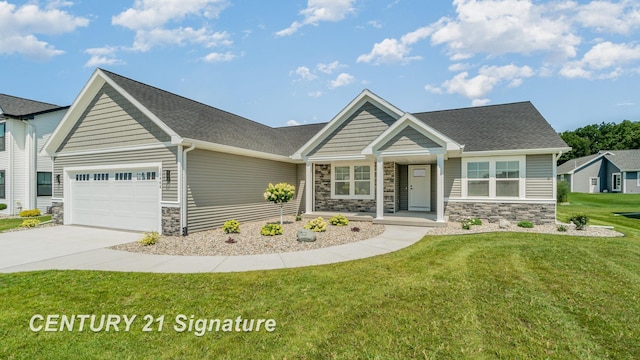 10464 Laurel Woods Pl, Freeland, MI 48623 - craftsman-style house with stone siding, a garage, concrete driveway, and a front yard