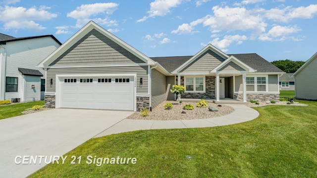 10464 Laurel Woods Pl, Freeland, MI 48623 - craftsman inspired home featuring stone siding, a garage, driveway, a front yard, and covered porch