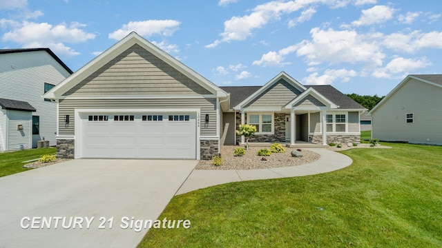10464 Laurel Woods Pl, Freeland, MI 48623 - craftsman-style home with stone siding, concrete driveway, a front yard, a garage, and a porch