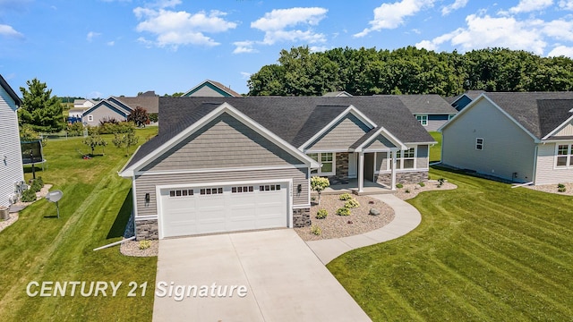 10464 Laurel Woods Pl, Freeland, MI 48623 - craftsman inspired home with stone siding, concrete driveway, a front yard, and a garage