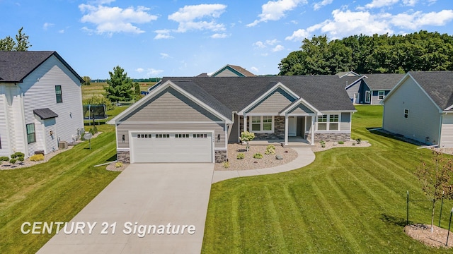 10464 Laurel Woods Pl, Freeland, MI 48623 - craftsman house with stone siding, concrete driveway, an attached garage, a front yard, and a porch