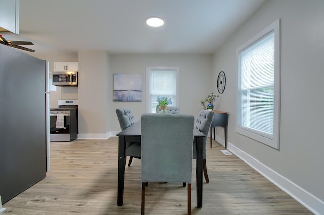 609 W Biddle St, Jackson, MI 49203 - dining space featuring ceiling fan, healthy amount of natural light, and light wood-type flooring