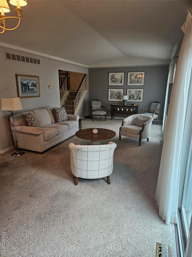 38412 Sutton Dr, Sterling Heights, MI 48310 - living area featuring carpet flooring, lofted ceiling, stairway, and a chandelier
