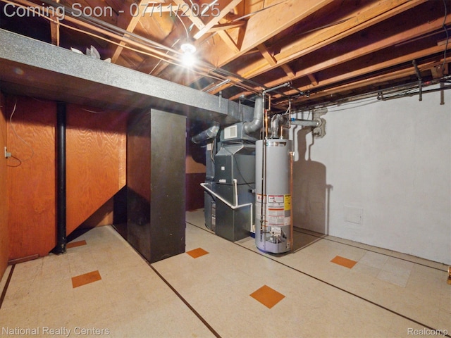 29620 Oakview St, Livonia, MI 48154 - unfinished below grade area with water heater, tile patterned floors, and heating unit