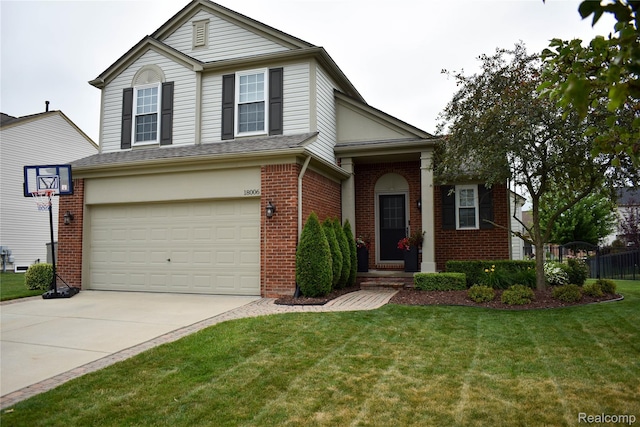 18006 Wingate Dr, Macomb, MI 48042 - view of front facade with a garage, brick siding, a front lawn, and concrete driveway