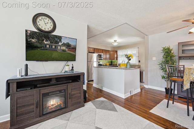 29934 Tamarack Dr, Gibraltar, MI 48134 - living room featuring dark wood-style floors, ceiling fan, and a glass covered fireplace