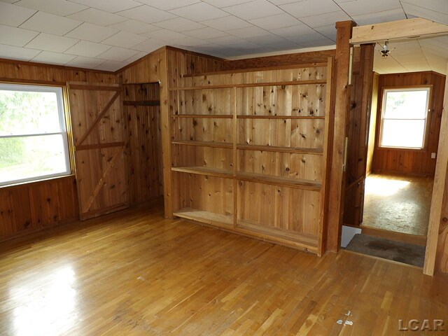 2171 Harold St, Adrian, MI 49221 - empty room featuring wooden walls, light wood-style flooring, and lofted ceiling