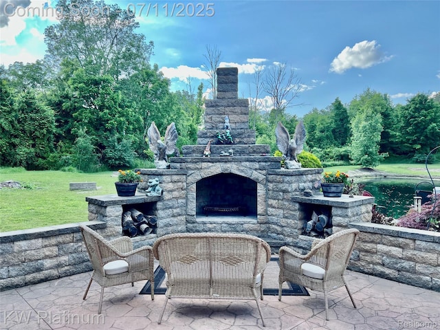 7135 Gardner Line Rd, Lexington, MI 48450 - view of patio / terrace featuring an outdoor stone fireplace