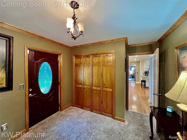 7135 Gardner Line Rd, Lexington, MI 48450 - carpeted foyer with a chandelier and crown molding