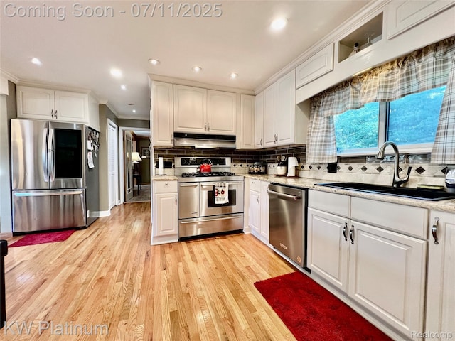 7135 Gardner Line Rd, Lexington, MI 48450 - kitchen with stainless steel appliances, under cabinet range hood, white cabinetry, decorative backsplash, and light wood-type flooring