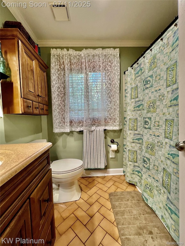 7135 Gardner Line Rd, Lexington, MI 48450 - bathroom with vanity, ornamental molding, radiator heating unit, and curtained shower