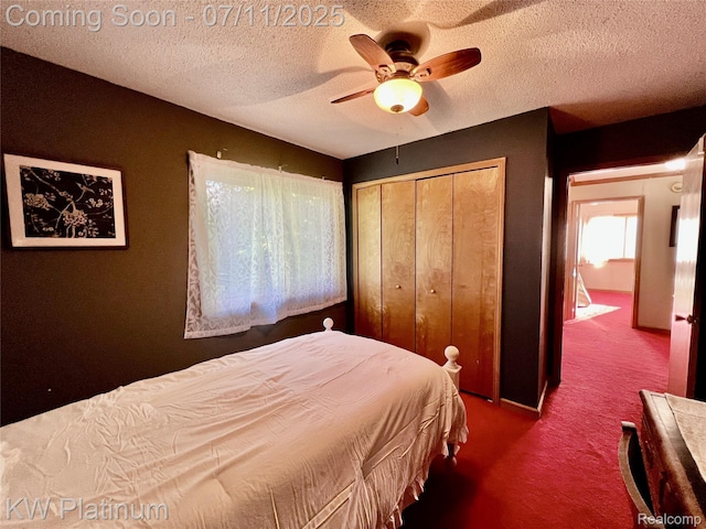 7135 Gardner Line Rd, Lexington, MI 48450 - carpeted bedroom featuring a closet, a textured ceiling, and a ceiling fan