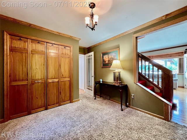 7135 Gardner Line Rd, Lexington, MI 48450 - carpeted bedroom featuring crown molding, a chandelier, and a closet