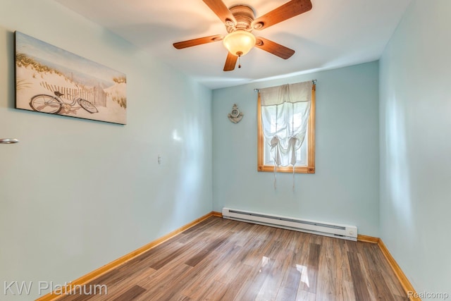 7377 Dogwood Rd, Lexington, MI 48450 - spare room featuring a baseboard heating unit, wood finished floors, and a ceiling fan