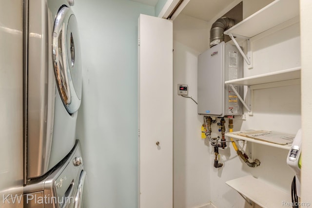 7377 Dogwood Rd, Lexington, MI 48450 - laundry room featuring water heater and stacked washer and clothes dryer