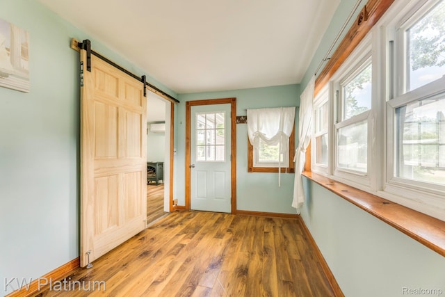7377 Dogwood Rd, Lexington, MI 48450 - interior space with a barn door, wood finished floors, and an AC wall unit