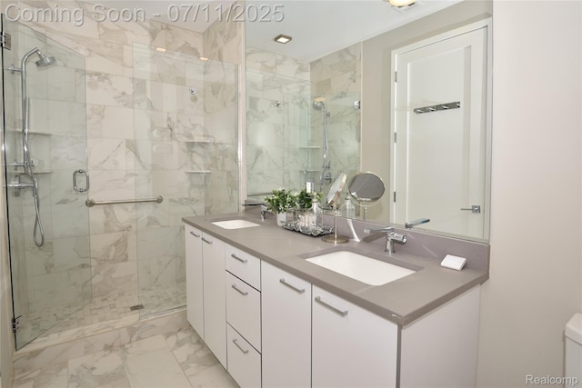 750 Forest Ave Unit 202, Birmingham, MI 48009 - full bathroom featuring marble look tiles, a marble finish shower, and double vanity
