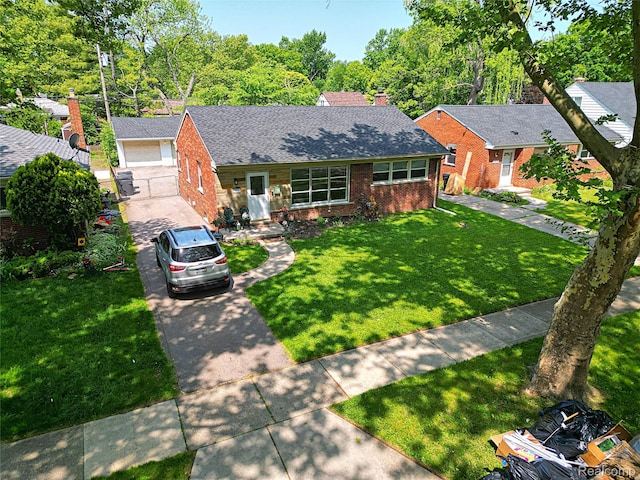 24271 Westhampton St, Oak Park, MI 48237 - view of front facade with brick siding, a front lawn, a garage, a shingled roof, and a chimney