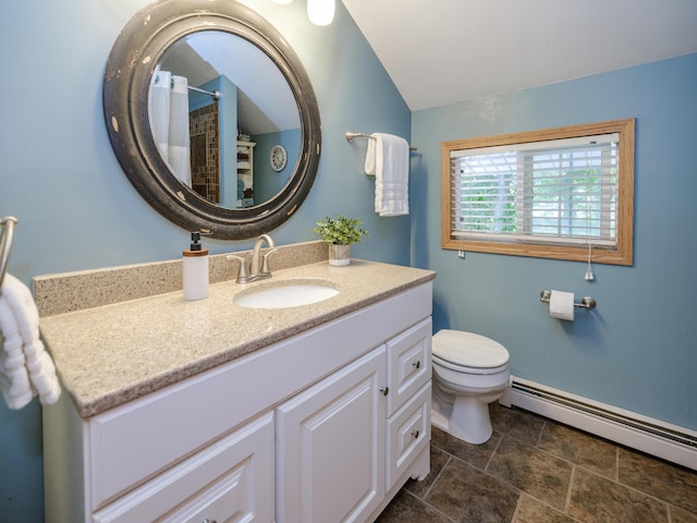 44850 Woodman Dr, Paw Paw, MI 49079 - bathroom featuring baseboard heating, vaulted ceiling, vanity, and a shower with shower curtain